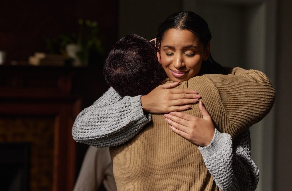 Gartitude, support group hug and woman counseling for drug abuse and mental health problem. Empathy, psychology workshop and therapy session together in a circle for team building with care and help