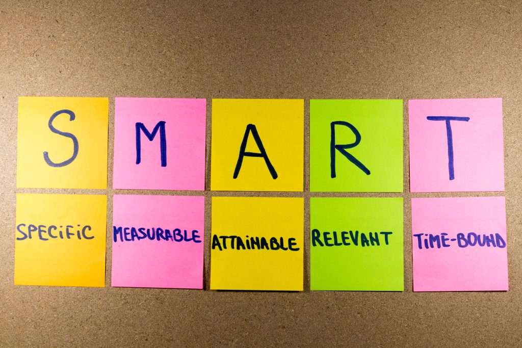set goals SMART (specific, measurable, attainable, recorded, timely) colorful sticky notes on cork bulletin board