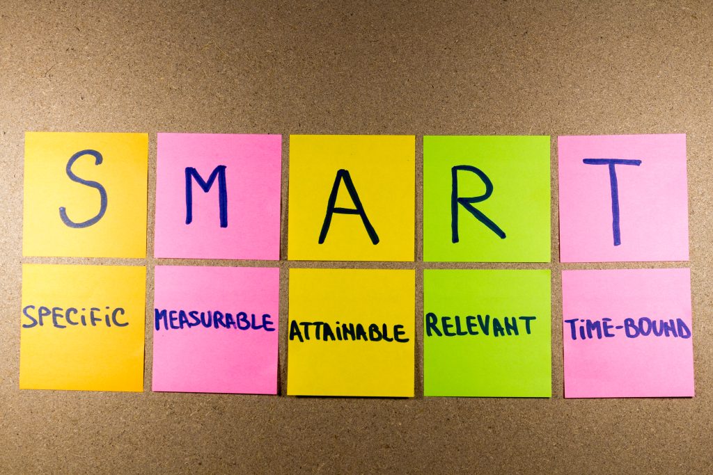 set goals SMART (specific, measurable, attainable, recorded, timely) colorful <a href=