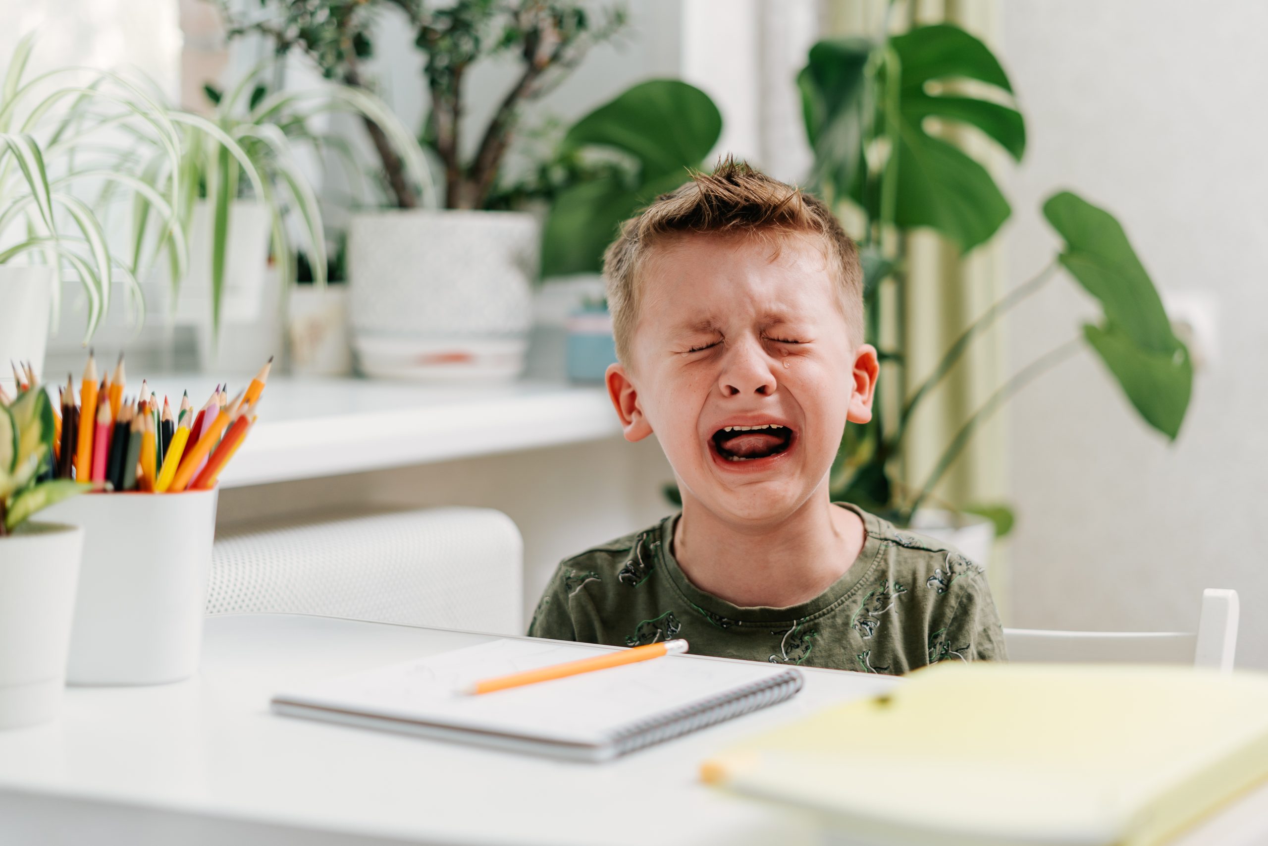 Back to school. Distance learning online education. Caucasian crying kid boy studying at home and doing school homework. Sad child siting at table with notepad, pencils and training books